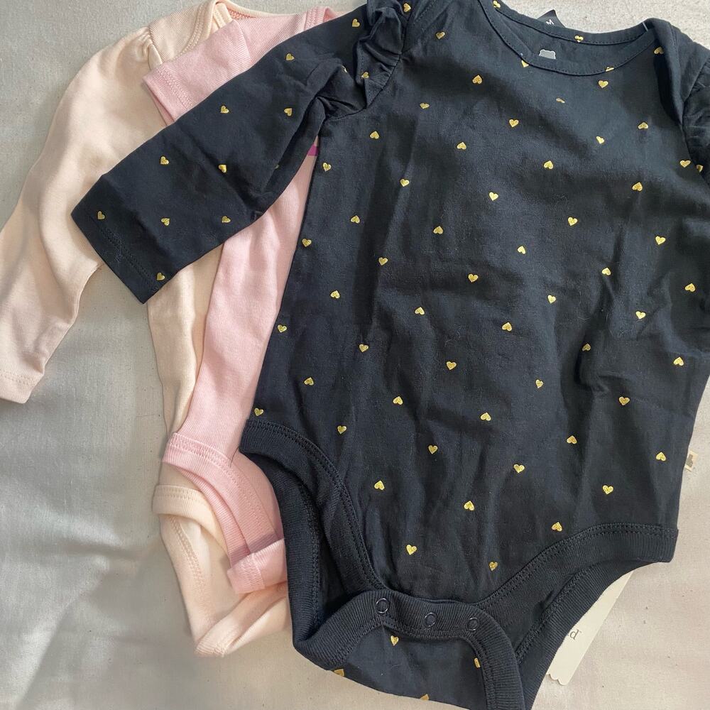 6-12 mo girls bodysuit outfits 3 pack neutral colors pink beige and black - Picture 2 of 5